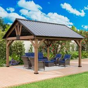 lot 134 image: MeetLeisure 15 ft. x 13 ft. Premium Cedar Wood Outdoor Garden Patio Shade Gazebo with Wood Posts and Galvanized Steel Roof Customer Returns See Pictures