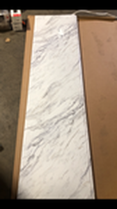 lot 135 image: Hampton Bay 8 ft Straight Laminate Countertop Kit Included in Gloss Calcutta Marble   Customer Returns See Pictures