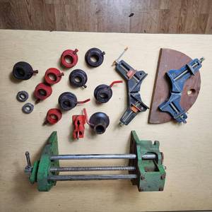 lot 118 image: Woodworking Tools including Pittsburgh Vise, Corner Clamps