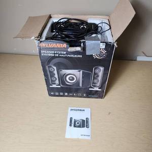 lot 129 image: Sylvania 75W Speaker System Model SHTIB1044P with Subwoofer and Satellite Speakers
