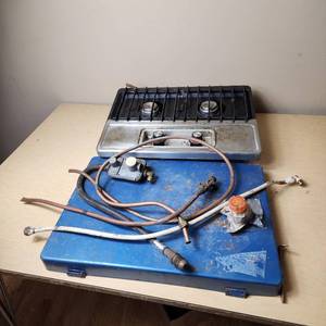 lot 149 image: Two-Burner Gas Stove with Regulator and Copper Tubing