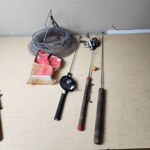 lot 156 image: Assorted Fishing Equipment including Silstar Vertex Reel, Ice Fishing Rods, Rattle Reel, and Wire Fish Basket
