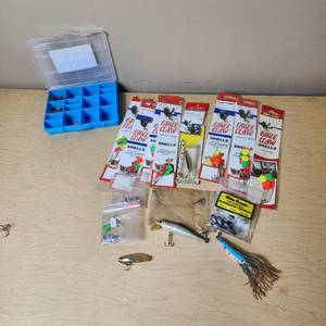 lot 161 image: Fishing Gear Lot including Eagle Claw Snells, Lures, and Tackle Organizer