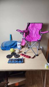 lot 296 image: Lot including Pink Folding Chair, Decko Filter Cartridge, and Sports Equipment