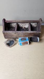 lot 301 image: Vintage Wooden Tool Caddy with Nails and Accessories