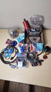 lot 337 image: Assorted Automotive and Electrical Items including Engine Heater, Light Bulbs, and Wiring
