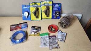 lot 352 image: Various Brands Plumbing and Air Tool Accessories including Drill Master Drill Water Pumps, Merlin Pressure Gauge, and Apache Air Hose Lot