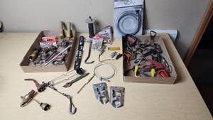 lot 359 image: Assorted Tools and Hardware Lot including 5ft Standard Control Cable, Hooks, and Clamps