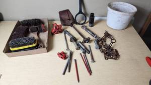 lot 363 image: Lot of Industrial Hardware and Tools including Brushes, Bolts, and Chains
