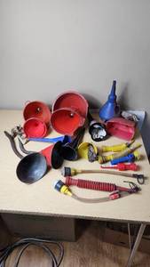 lot 386 image: Lot of Plastic and Metal Funnels and Spouts with Flexible Hose Attachments