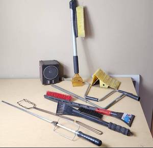 lot 407 image: Lot of Various Cleaning and Automotive Tools including Ice Scrapers, Broom, and Brushes