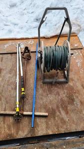 lot 425 image: Hose reel and garden tools including hose reel, soil augers