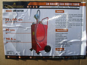 lot 260 image: LandHonor 30gal Steel Gas Caddy wPump, Hose & Nozzle