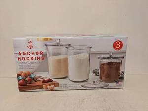 lot 58 image: NEW ANCHOR HOCKING GOODE SUNDRY JAR GLASS STORAGE 3PC.