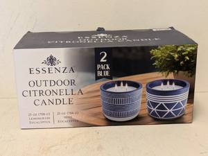 lot 176 image: NEW ESSENZA OUTDOOR CITRONELLA CANDLE 2PK. BLUE