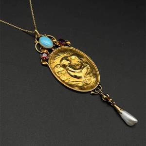 lot 9 image: 2.30 Carat Natural Opal & Garnet Antique Art Nouveau 1910 Estate Pendant in 14k Gold VIDEO