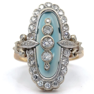 lot 10 image: Natural Diamond & Enamel Oblong Vintage Ring in 14k Two-Tone Gold VIDEO
