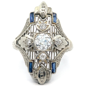 lot 11 image: 0.93 Carat Natural Diamond & Sapphire 1930s Art Deco Estate Ring in 18k White Gold VIDEO