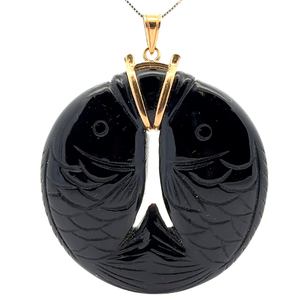 lot 17 image: Black Onyx Carved Koi Fish Estate Pendant in 14k Two-Tone Gold