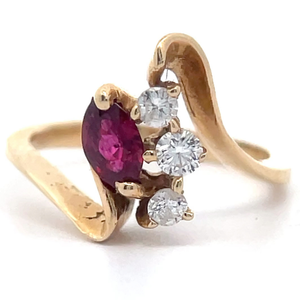 lot 19 image: 0.43 Carat Marquise Ruby & Natural Diamond Three-Stone Ribbon Bypass Ring in 14k Yellow Gold VIDEO
