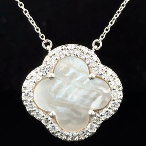 lot 29 image: Mother of Pearl & Natural Diamond Four-Petal Flower Pendant Necklace VIDEO