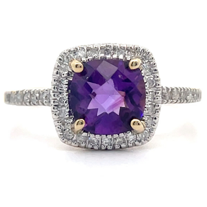 lot 33 image: Checkerboard Amethyst & Natural Diamond Halo Ring in 14k Gold VIDEO