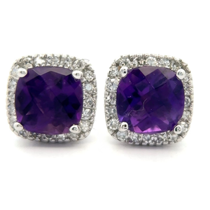 lot 34 image: Checkerboard Amethyst & Natural Diamond Halo Earrings in 14k White Gold VIDEO