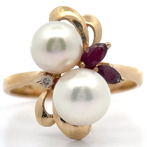 lot 55 image: Estate White Cultured Pearl, Ruby & Natural Diamond Cluster Bouquet Ring in 14k Yellow Gold VIDEO