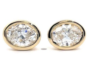 lot 15 image: Modern 2 Carat Diamond Oval Bezel Solitaire Stud Earrings in 14k Yellow Gold $2,550 Retail VIDEO