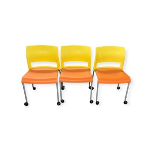 lot 197 image: 3 Steelcase Stackers on Wheels- OrangeYellow