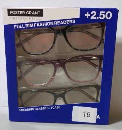 lot 16 image: Foster Grant A Full Rim Fashion Readers Glasses 2.50 Strength - Pack of 3