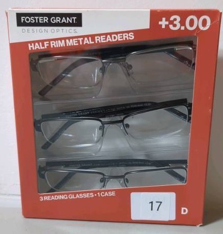 lot 17 image: Foster grant half rim metal readers 3.00 D 3 glasses black