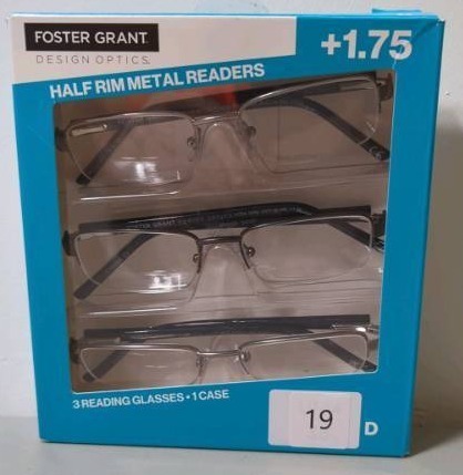 lot 19 image: Design Optics Foster Grant Metal Reading Glasses, Half-Rim1.75 -3 Pack  1 Case