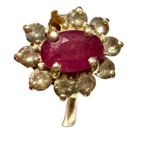 lot 21D image: 14k Gold Ruby and Diamond Cluster Ring - Size 55.5