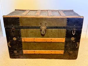 lot 47D image: G - Large Antique Steamer Trunk with Wood and Metal Trim