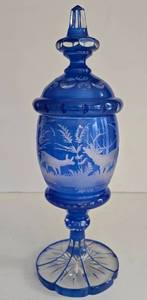 lot 116K image: LR - Vintage Bohemian Blue Cased Glass Apothecary Jar with Stag and Fox Motif