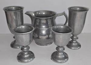 lot 121K image: LR - Set of 5 Vintage RWP Armetale Pewter Pitcher and Goblets Handcrafted USA