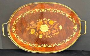 lot 128K image: LR - Vintage Inlaid Wood Serving Tray with Floral Design and Brass Handles