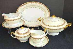 lot 130K image: LR - Vintage Meito China Serving Set Made in Japan - Platter, Casserole, Gravy Dish, Creamer, Sugar Bowl