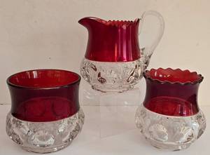 lot 132K image: LR - Antique Kings Crown Ruby Flash Thumbprint Glass Creamer, Sugar Bowl, and Cranberry Candy Dish Set