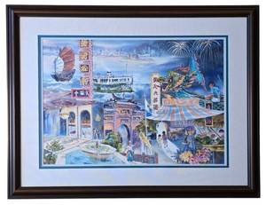 lot 137K image: LR - Framed Asian Market and Harbor Artwork, Signed