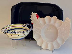 lot 162K image: K - Ceramic Serving Tray, Handled Bowl, and Chicken-Shaped Egg Plate Set