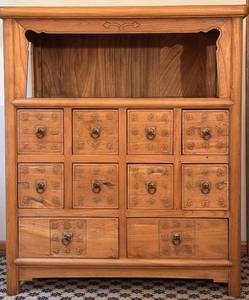 lot 126H image: UBR - Carved Wood Apothecary Cabinet with 9 Drawers and Open Shelf