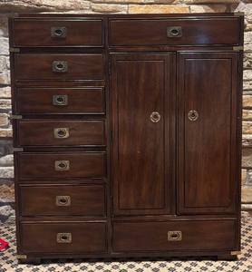 lot 131H image: UBR - Vintage Thomasville Wooden Campaign Style Wardrobe  Master Chest