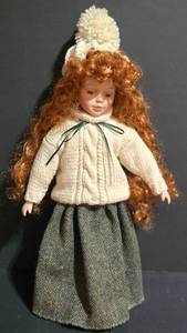 lot 482K image: LL-S - 16-Inch Porcelain Doll with Red Curly Hair and Winter Outfit