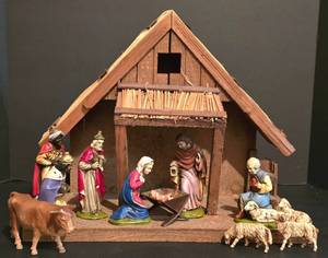 lot 493K image: LL-S - Vintage Nativity Scene Set with Stable and Figures