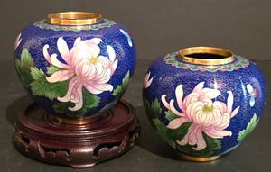 lot 494K image: LL-S - Pair of Vintage Cloisonn Vases with Floral Design and Wooden Base