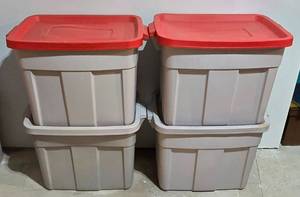 lot 521K image: LL-S - Set of 4 Rubbermaid Roughneck 18 Gallon Storage Totes with Red Lids