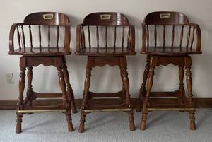 lot 16R image: LL  - Set of 3 Wooden Vintage Barstools with Spindle Backs and Brass Footrests