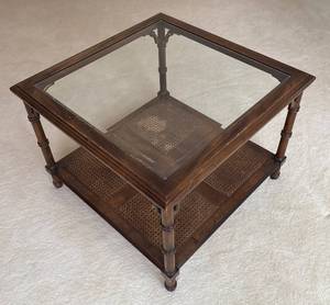 lot 22R image: MB - Vintage Glass Top Coffee Table with Caned Shelf
